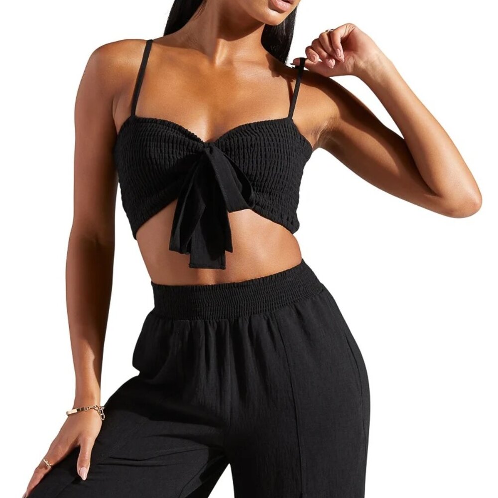 🔺SOLD🔺✨NEW Set✨ Shoedazzle Smocked Wide Leg Pant & Tie Front Crop Top - Large - Picture 1 of 13